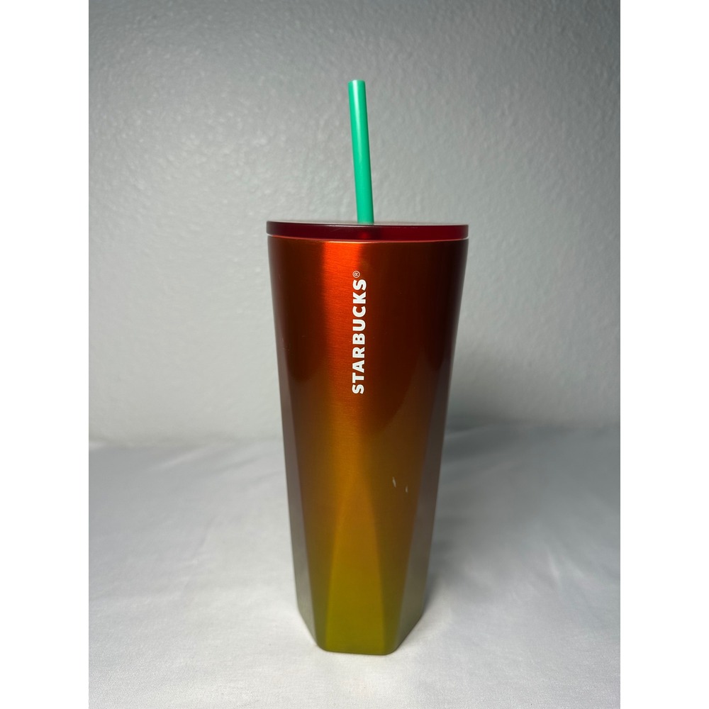 Starbucks‎ 2022 Red Orange Yellow Ombre Faceted 24oz Cold Cup Tumbler with Straw